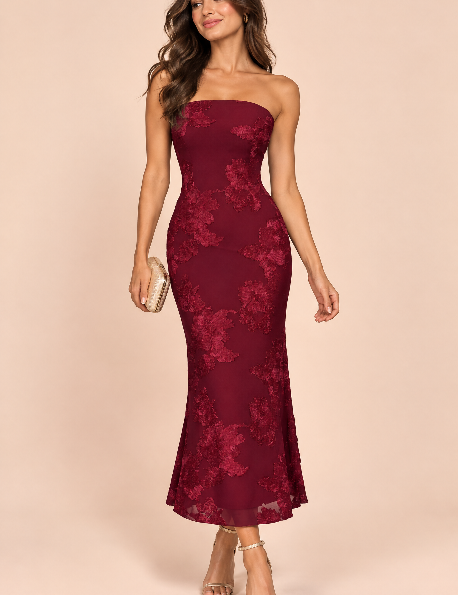 Robe midi bordeaux en dentelle à encolure bandeau avec détail col | Vue de face | Lounelle Paris