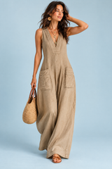 Khaki V-Neck Wide-Leg Jumpsuit