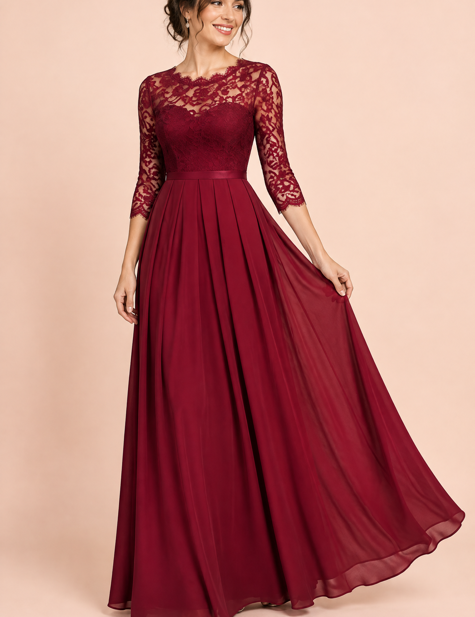 Robe longue bordeaux à empiècement en dentelle | Vue de face | Lounelle Paris