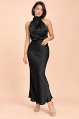 A-Line Black Scarf-Neck Midi Dress