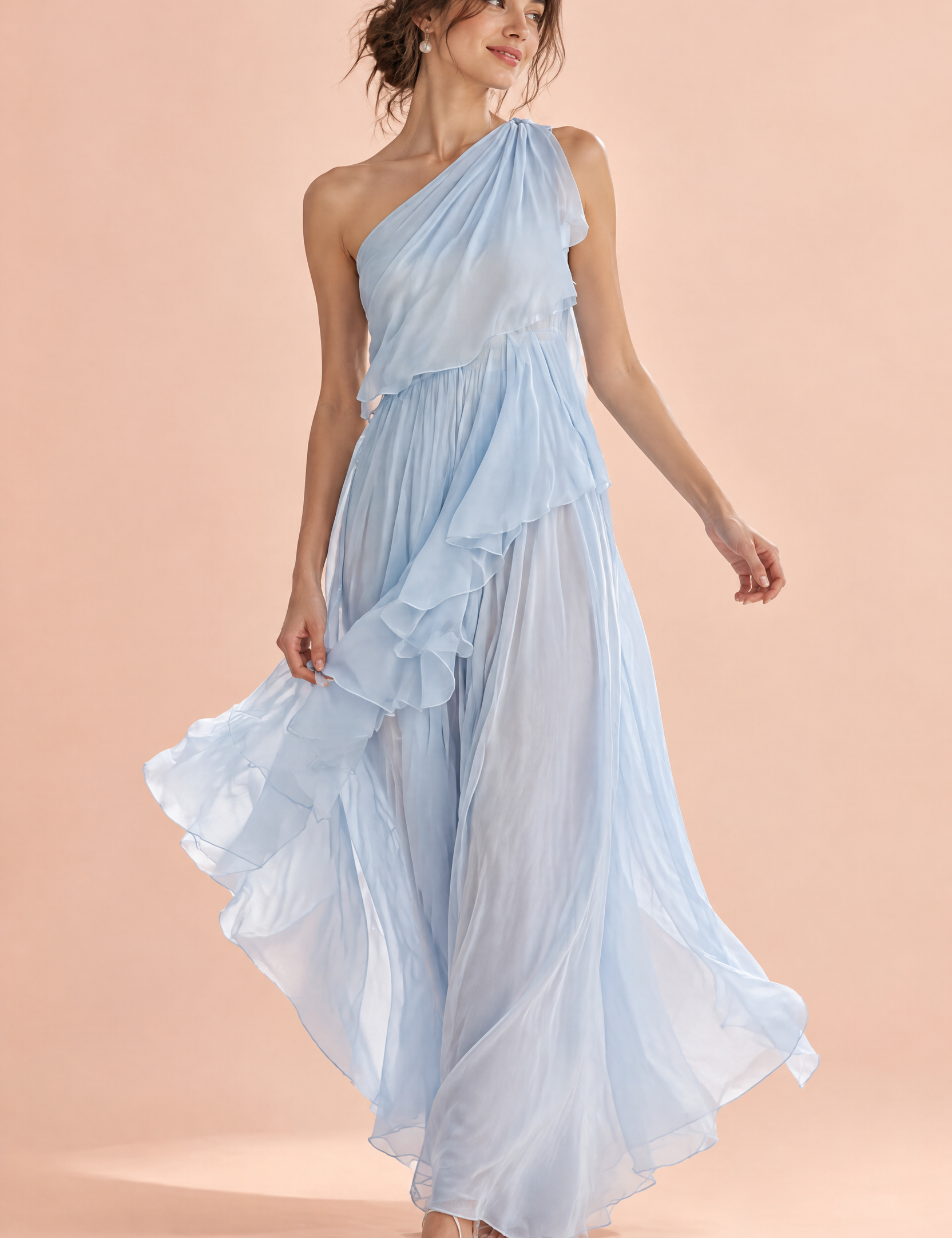 Robe bleue asymétrique à volants | Vue de face | Lounelle Paris