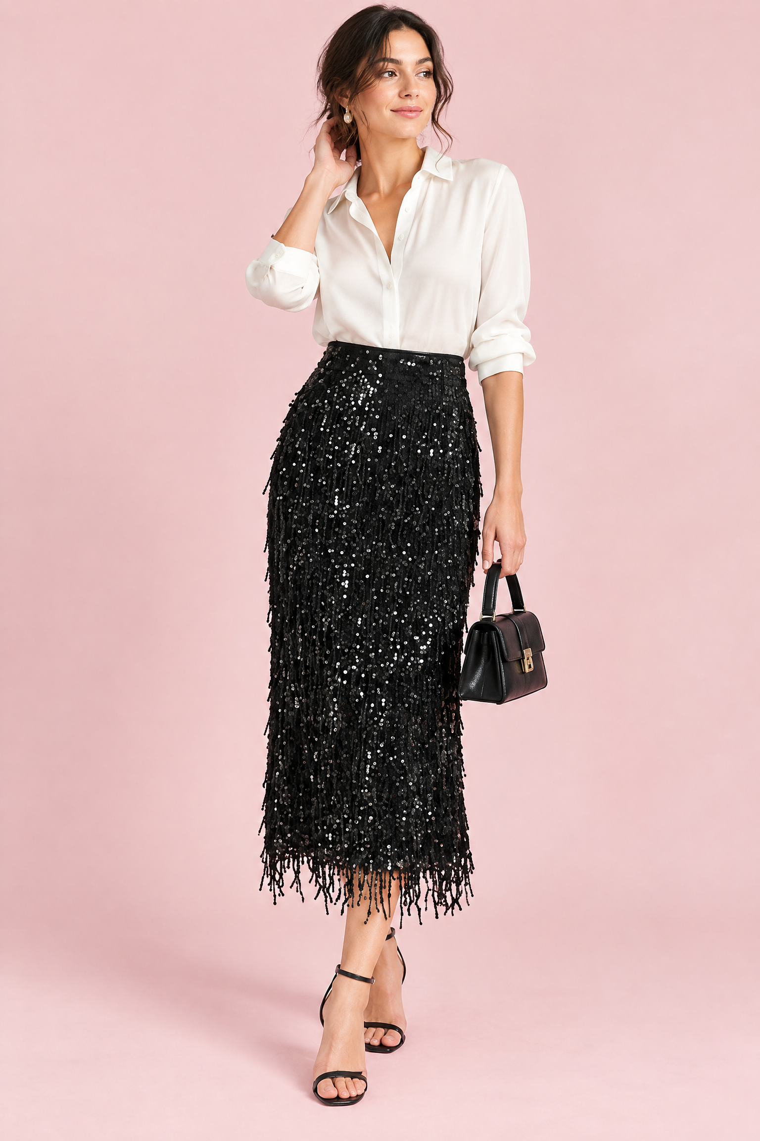 Jupe midi noire à franges et sequins | Vue de face | Lounelle Paris