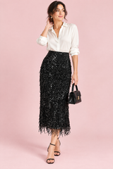 Fringed Sequin Midi Skirt Black