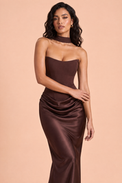Robe longue corset marron bustier | Vue rapprochée | Lounelle Paris