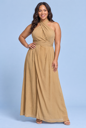 Robe longue camel fendue à col américain | Porté sur une autre silhouette | Lounelle Paris