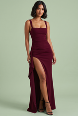 Burgundy bodycon maxi dress with square neckline, open back and high slit