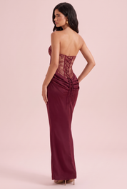 Robe longue bustier à corsage corset bordeaux | Vue de dos | Lounelle Paris