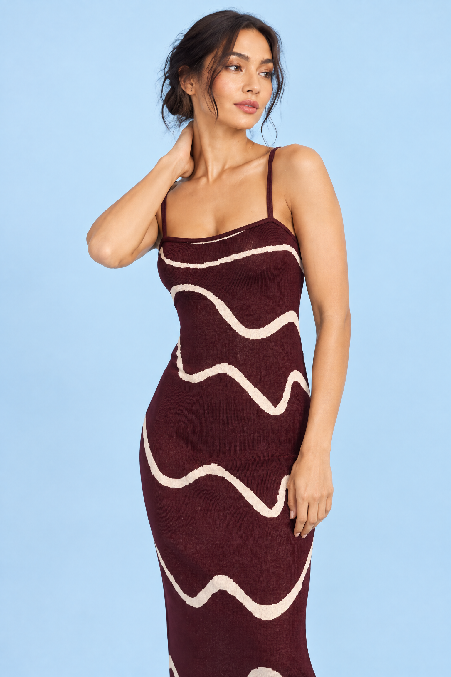 Robe longue rayée dos nu bordeaux | Vue rapprochée | Lounelle Paris