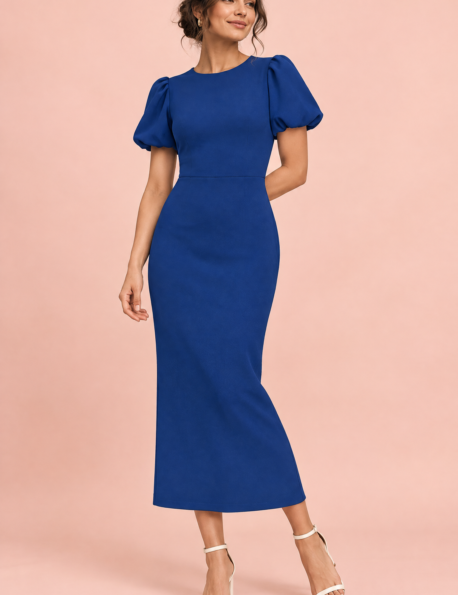 Robe midi bleu marine à manches bouffantes | Vue de face | Lounelle Paris