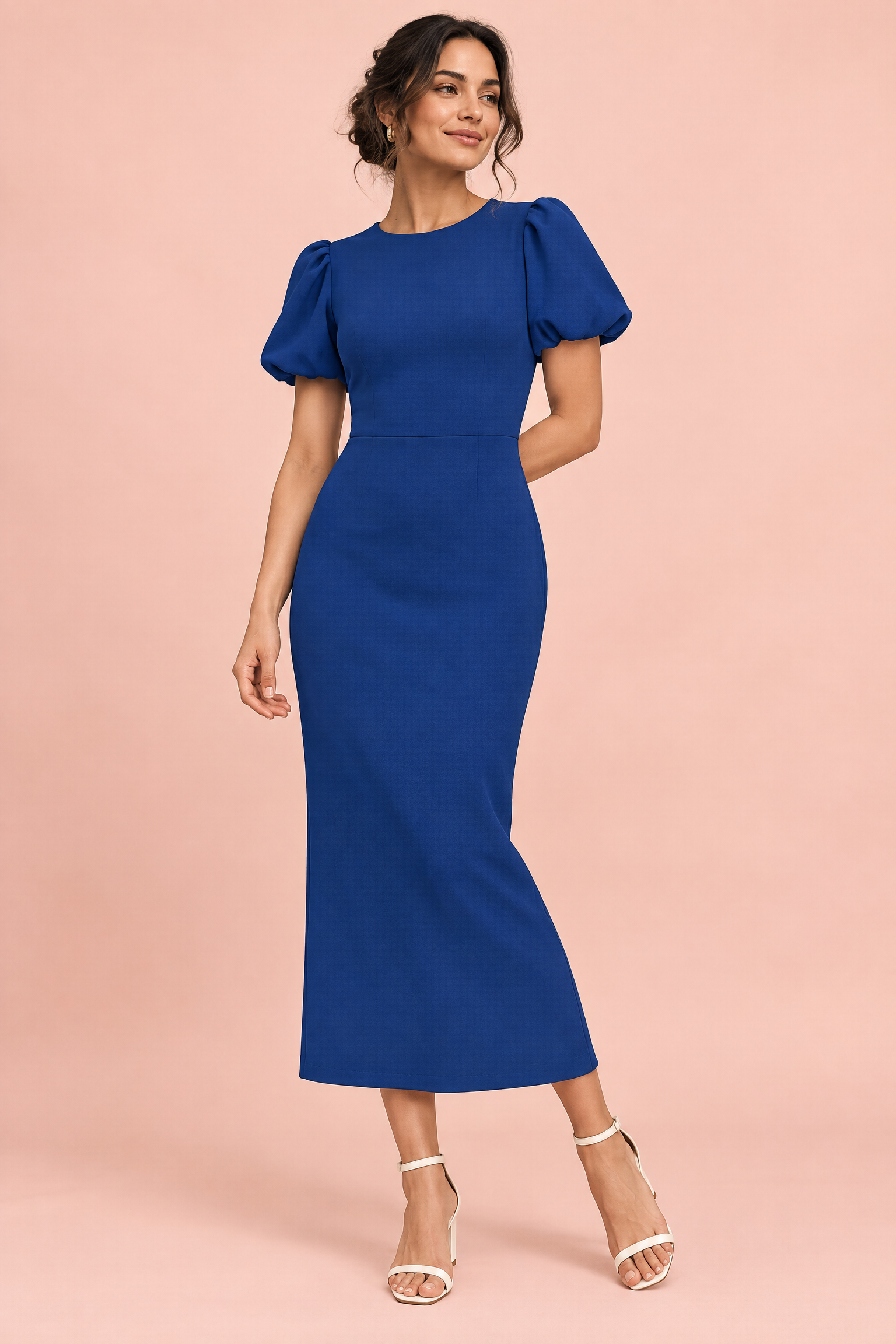 Robe midi bleu marine à manches bouffantes | Vue de face | Lounelle Paris