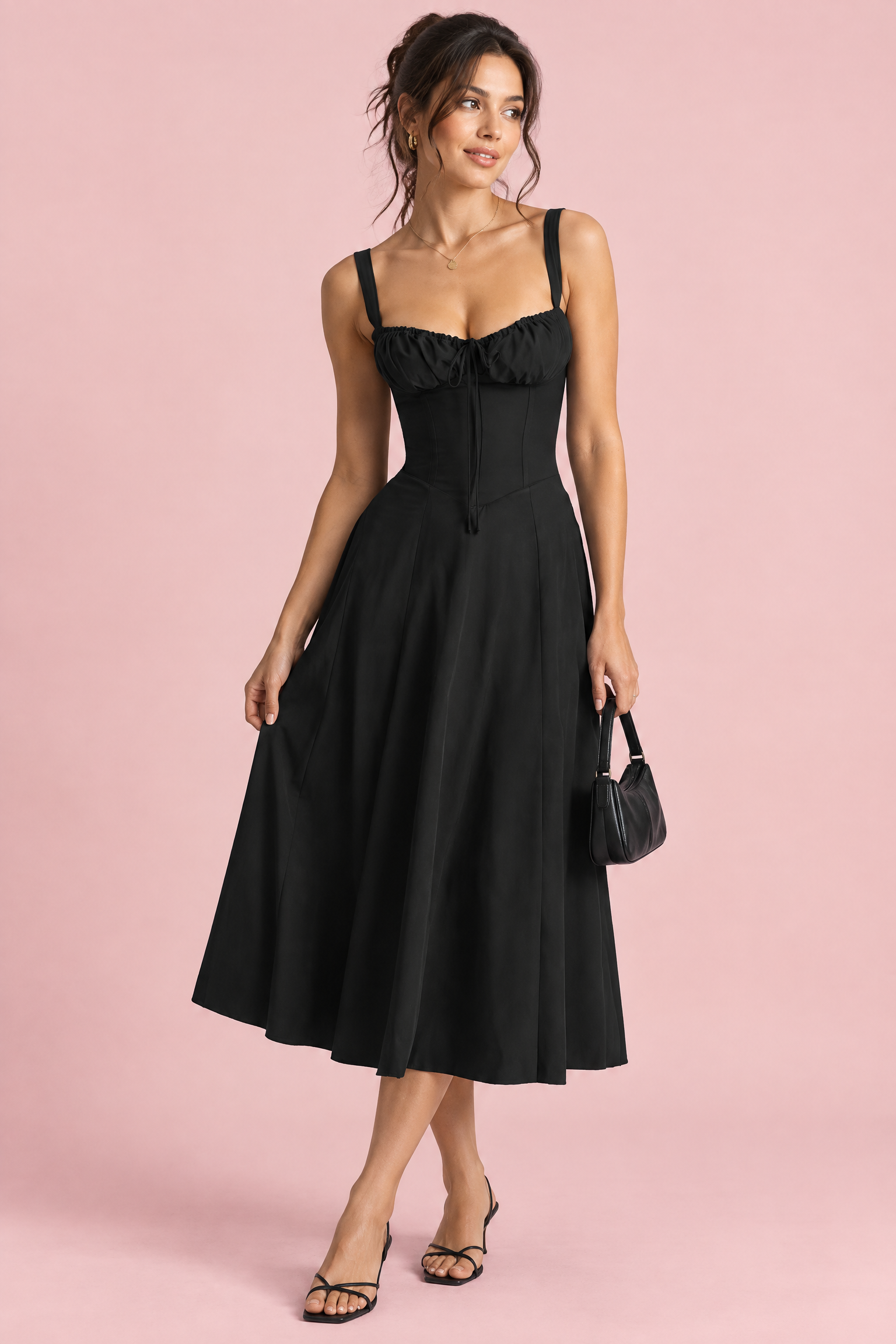 Robe midi noire à coupe trapèze et encolure carrée | Vue de face | Lounelle Paris