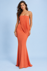 Orange strapless maxi dress with ruffles