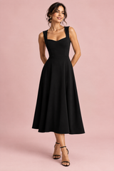 Black Sweetheart-Neck Midi Dress