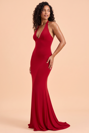 Robe longue rouge près du corps à décolleté V | Vue de face | Lounelle Paris