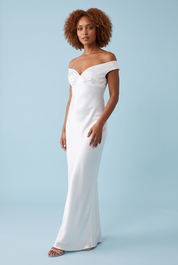 Robe longue froncée blanche épaules dénudées | Vue de face | Lounelle Paris