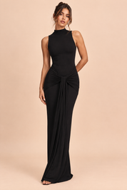 Robe longue noire à col rond avec fronces | Vue de face | Lounelle Paris