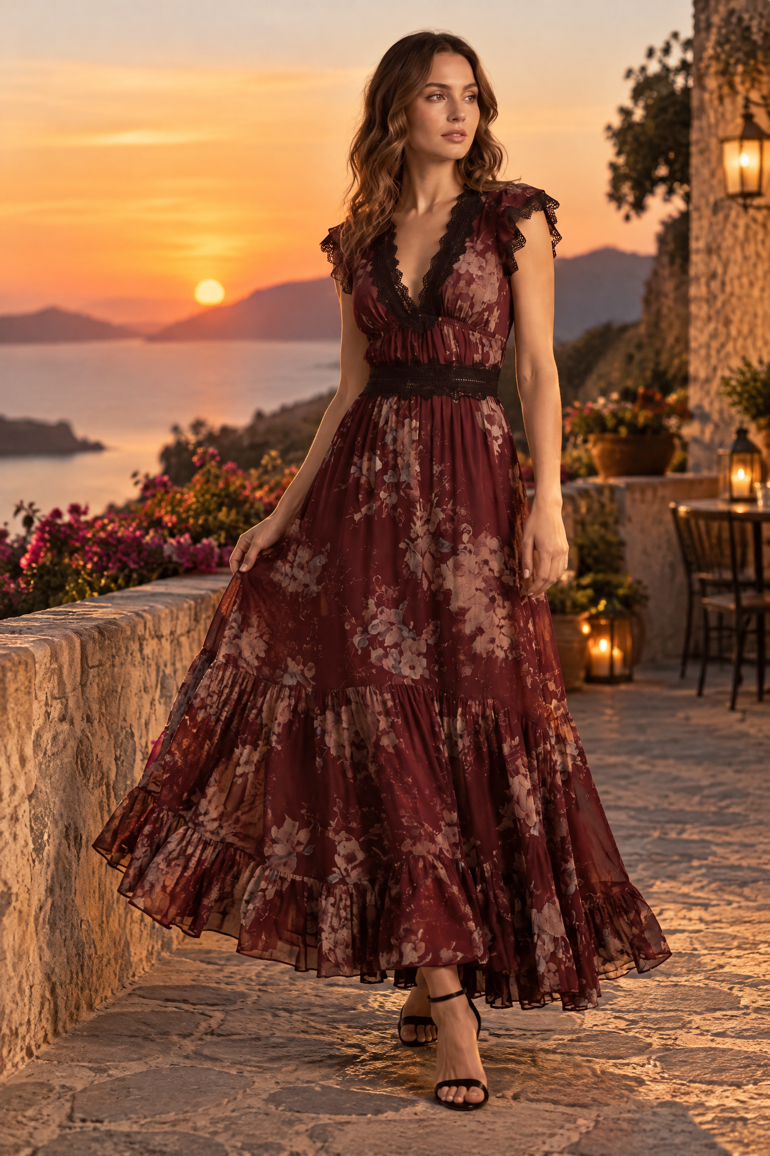 Robe longue fleurie rouge à col V et volants | Deuxième photo lifestyle | Lounelle Paris