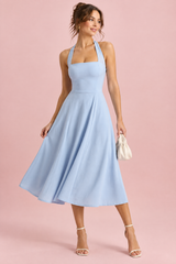 Pale blue midi dress with a fit-and-flare skirt and square neck
