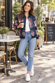 Veste bomber fleurie ajustée bleu marine | Photo lifestyle | Lounelle Paris