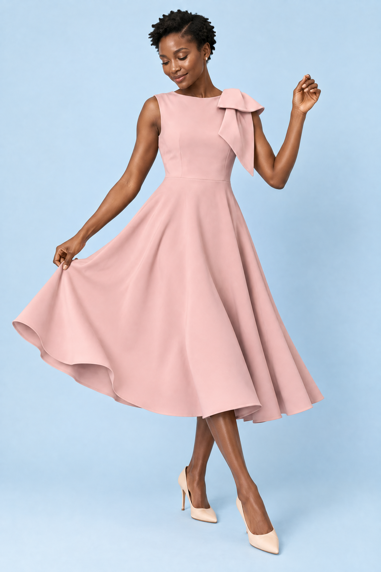 Robe midi rose à encolure asymétrique et manche à nœud | Vue en mouvement | Lounelle Paris