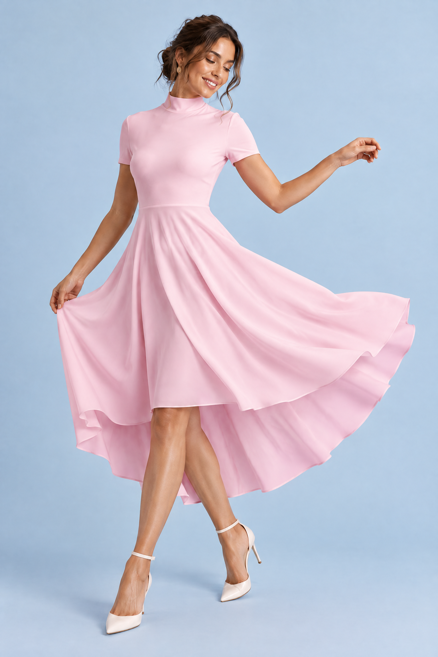 Robe midi asymétrique à col montant rose | Vue en mouvement | Lounelle Paris