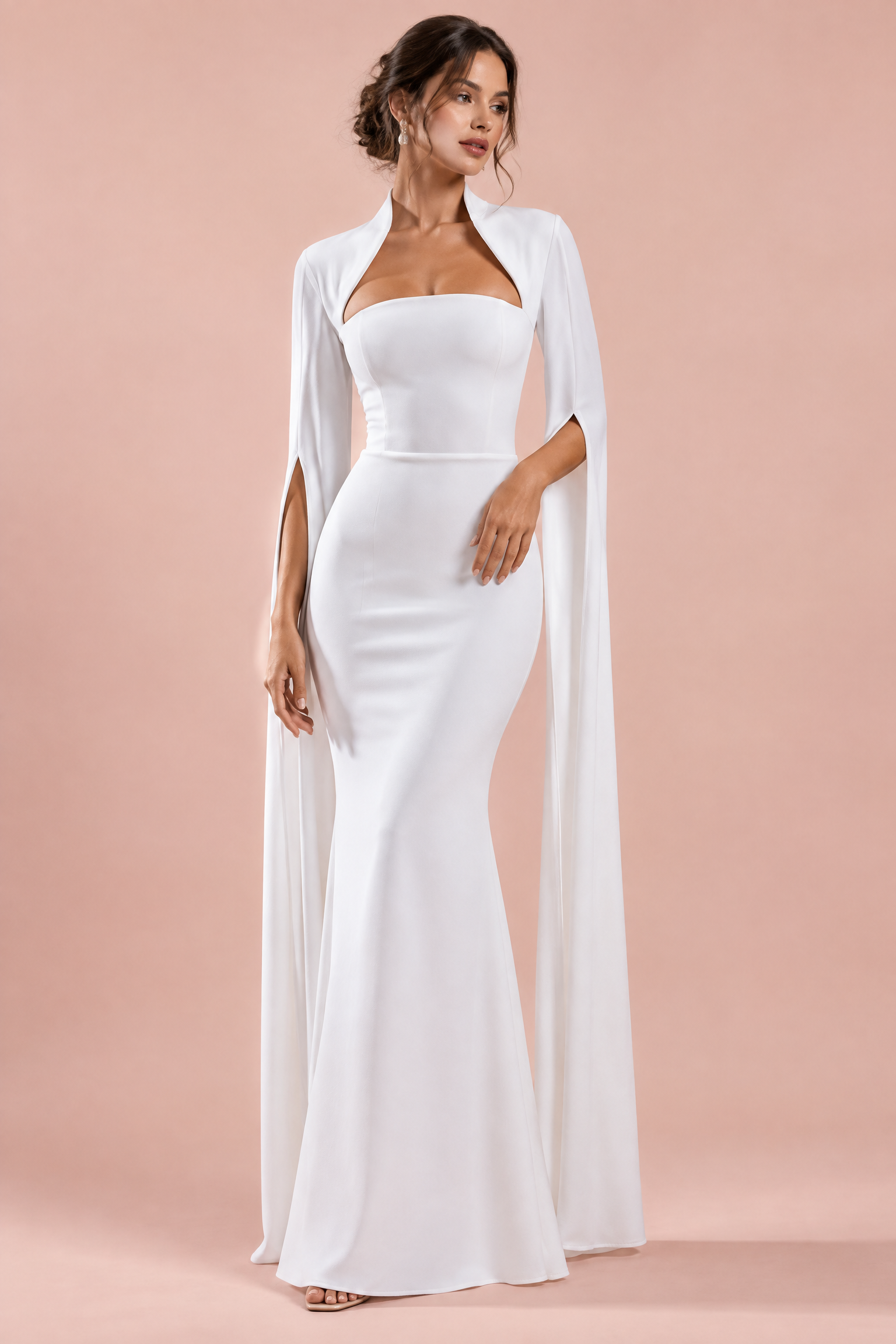 Robe longue blanche à encolure carrée et manches cape | Vue de face | Lounelle Paris