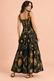 Robe longue noire fleurie à volants | Vue de dos | Lounelle Paris