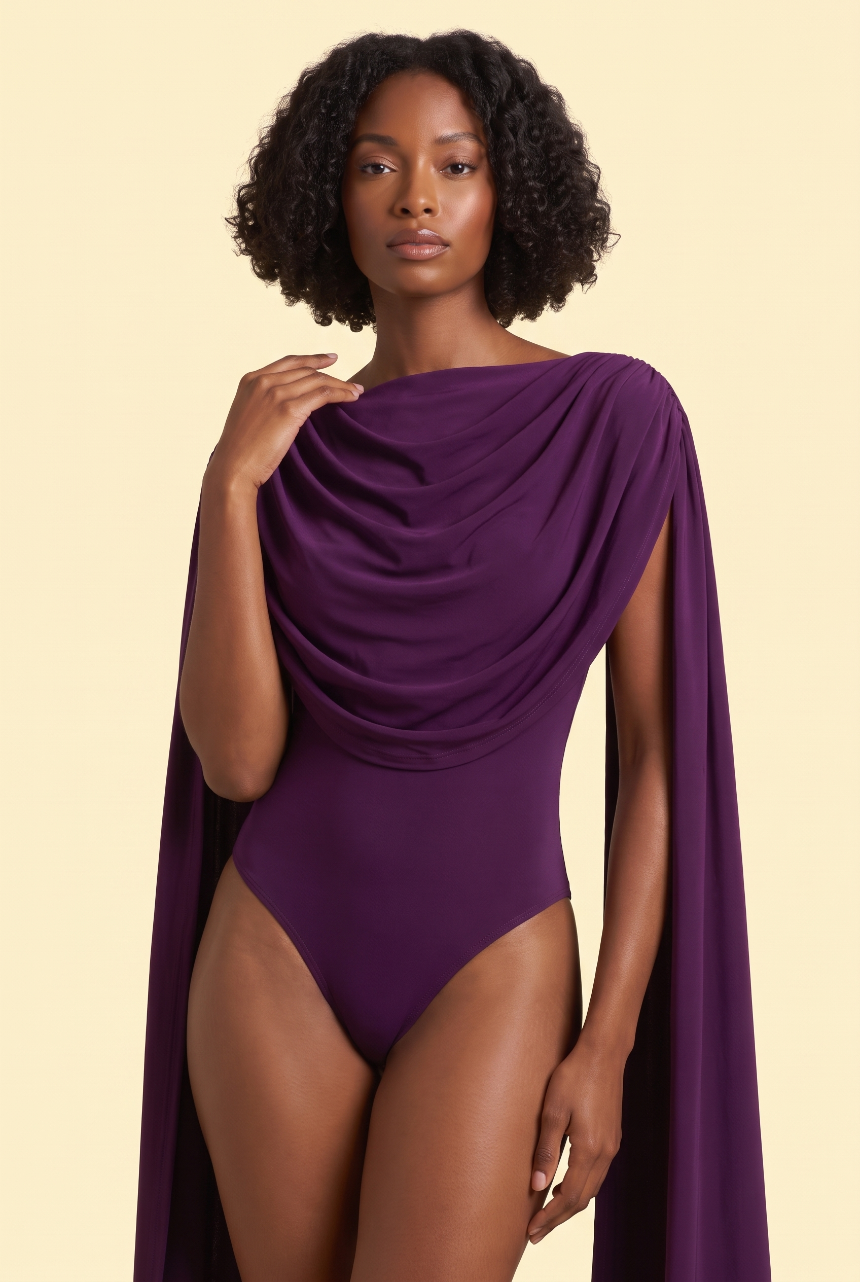Body violet ajusté froncé à col bénitier | Vue rapprochée | Lounelle Paris