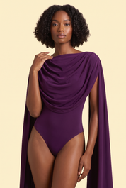 Body violet ajusté froncé à col bénitier | Vue rapprochée | Lounelle Paris