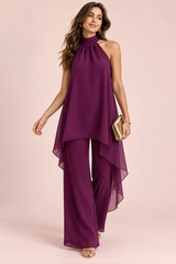 Purple Chiffon Halter Neck Pants Set