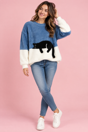 Pull oversize bleu à motif chat | Vue de face | Lounelle Paris