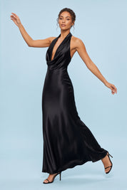 Robe longue sirène noire dos nu à col bénitier | Vue en mouvement | Lounelle Paris