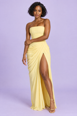 Yellow Ruched High-Neck Split Maxi Dress