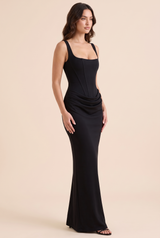 Black Ruched Square-Neck Maxi Dress
