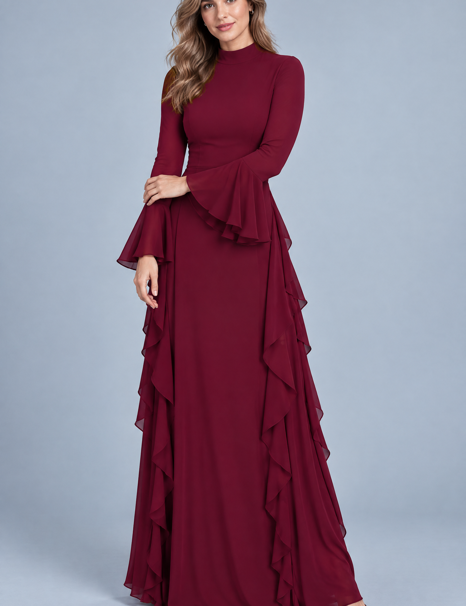 Robe longue bordeaux à volants et manches cloche | Vue de face | Lounelle Paris