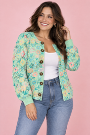 Cardigan vert menthe boutonné à col rond | Porté sur une autre silhouette | Lounelle Paris