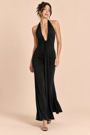 Robe longue noire froncée à col dos nu | Vue en mouvement | Lounelle Paris