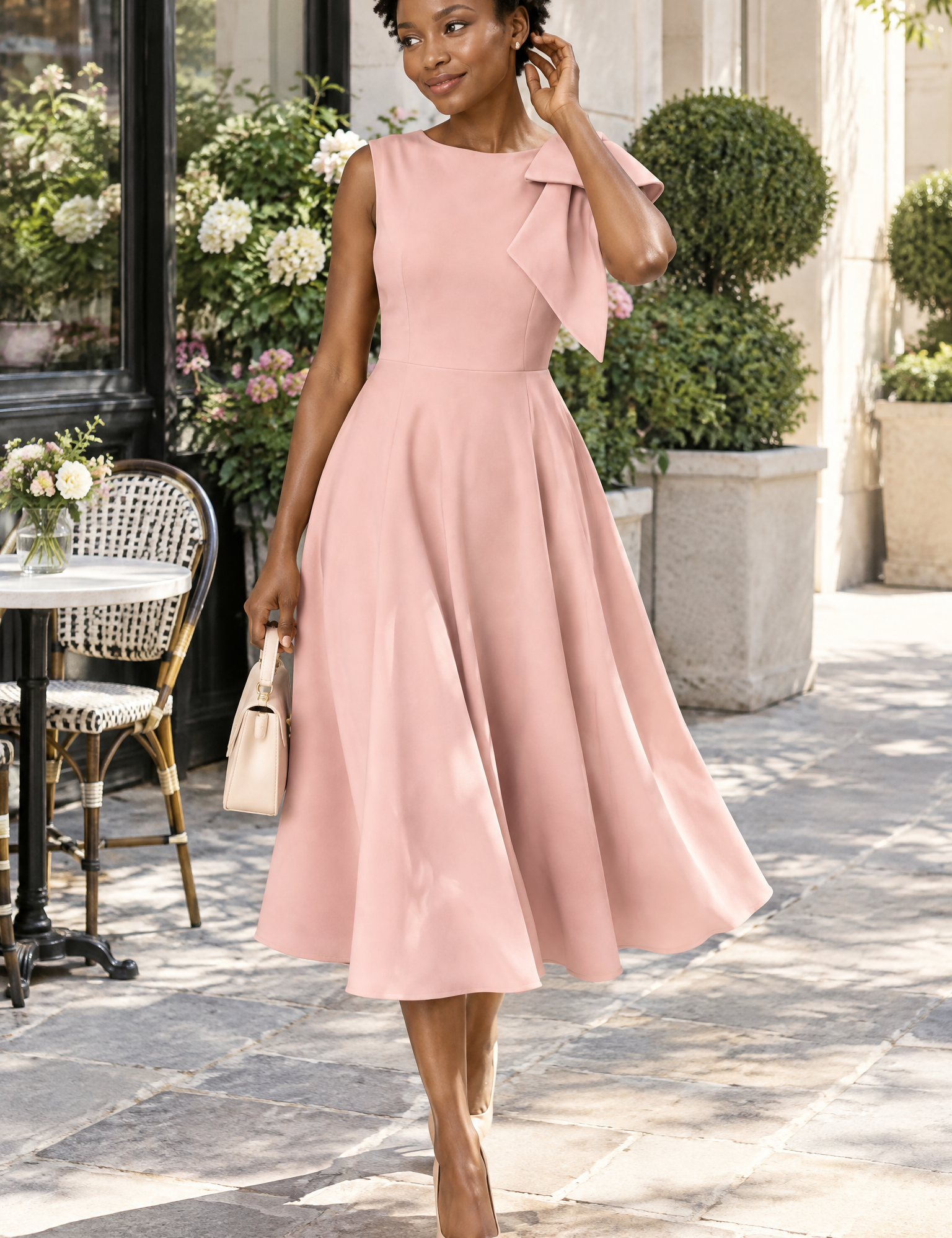Robe midi rose à encolure asymétrique et manche à nœud | Photo lifestyle | Lounelle Paris
