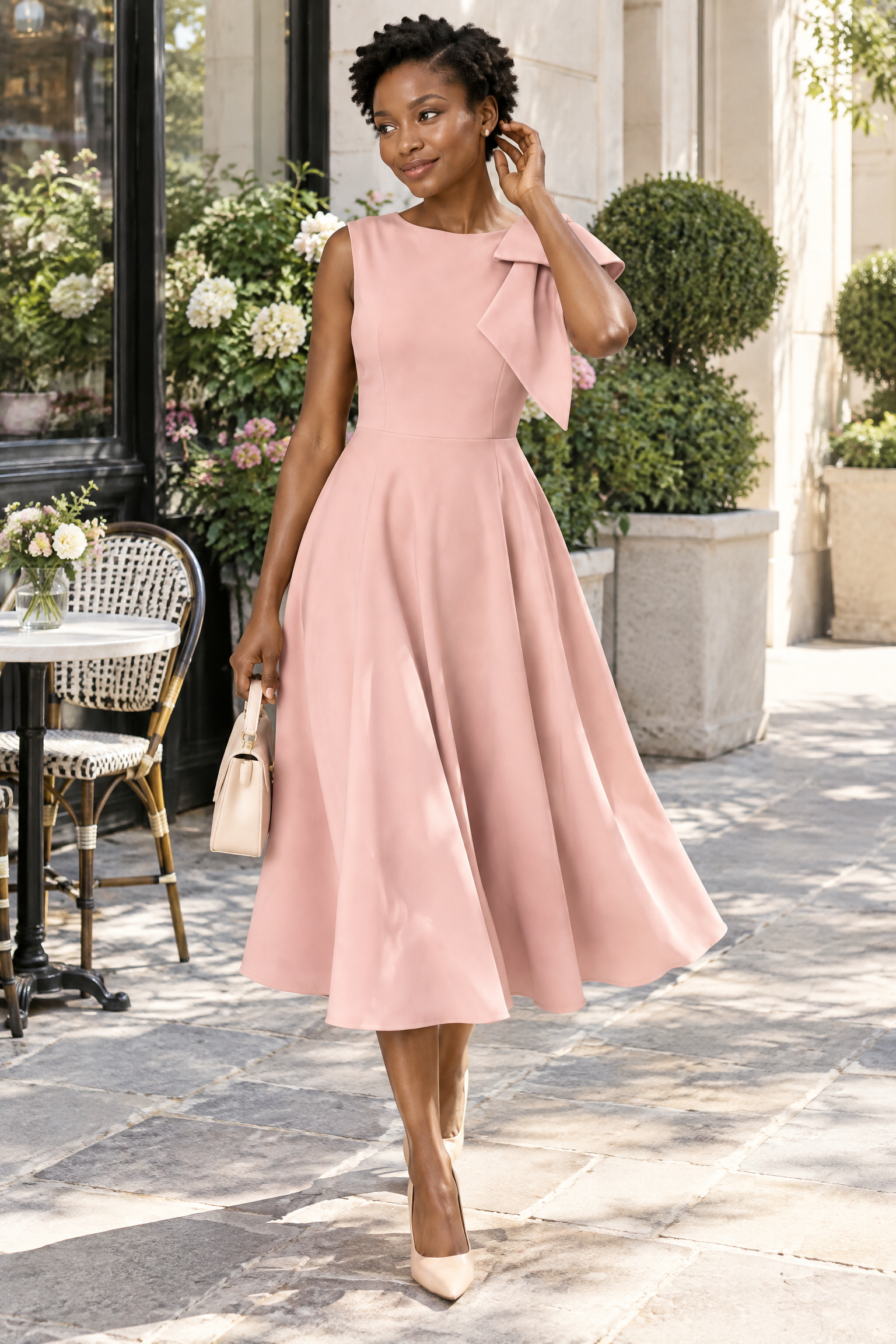 Robe midi rose à encolure asymétrique et manche à nœud | Photo lifestyle | Lounelle Paris