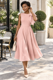 Robe midi rose à encolure asymétrique et manche à nœud | Photo lifestyle | Lounelle Paris