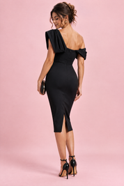 Robe midi moulante drapée à une épaule – noire | Vue de dos | Lounelle Paris