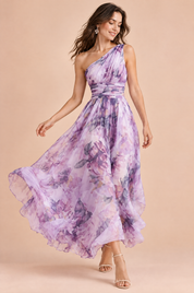 Robe fleurie violette claire à une épaule | Vue en mouvement | Lounelle Paris