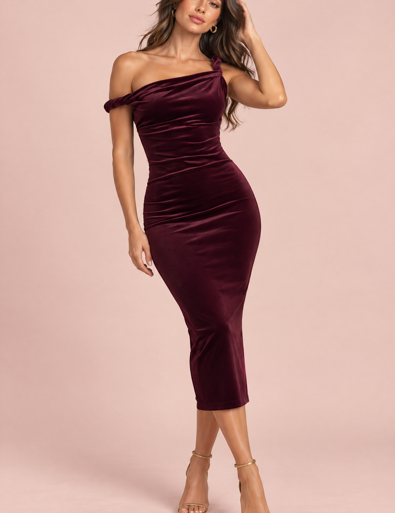 Robe longue en velours bordeaux à épaule torsadée et coupe asymétrique | Vue de face | Lounelle Paris