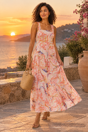 Robe midi rose à imprimé porcelaine et encolure carrée | Deuxième photo lifestyle | Lounelle Paris