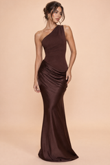 Brown Asymmetric Maxi Dress With Ruching