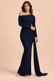 Robe longue bleue asymétrique à fronces et drapé | Vue de face | Lounelle Paris
