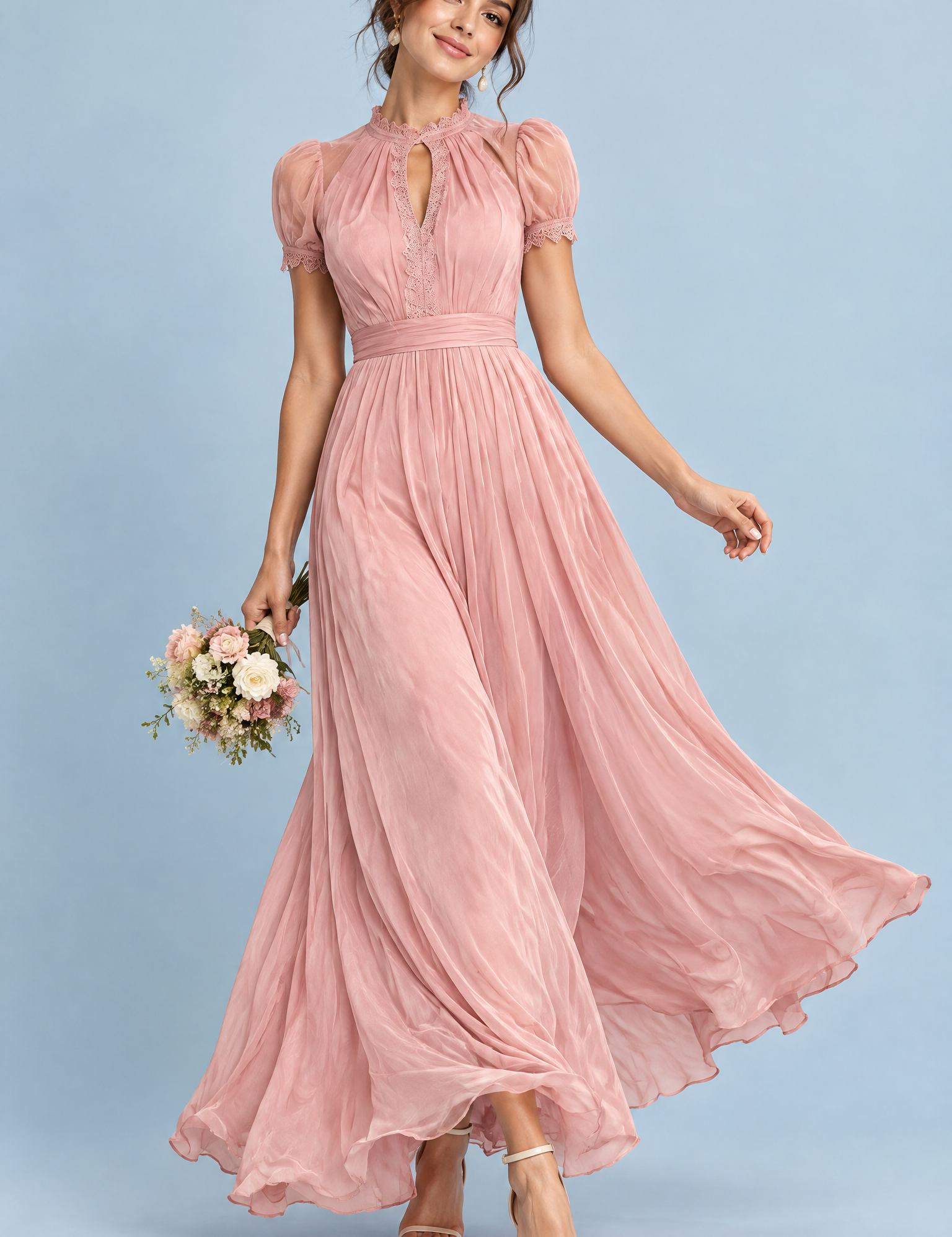 Robe longue plissée rose | Vue de face | Lounelle Paris