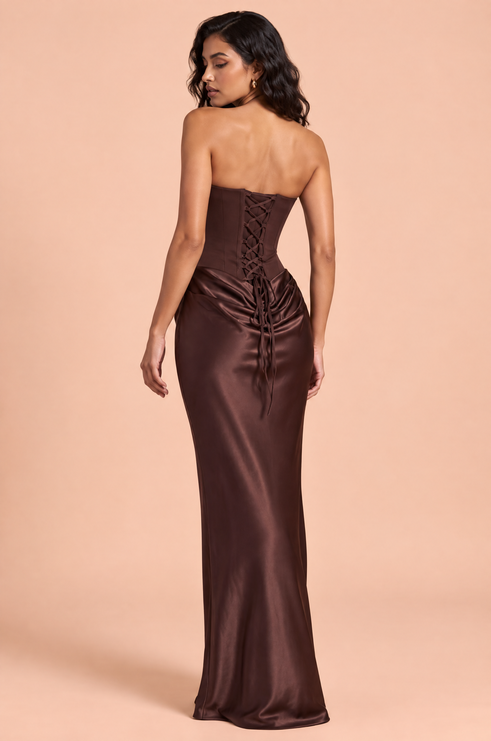 Robe longue corset marron bustier | Vue de dos | Lounelle Paris