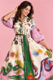 Robe longue violette trapèze à manches ballon | Vue rapprochée | Lounelle Paris