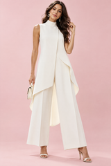 White Sleeveless High-Neck Flowy Pants Set